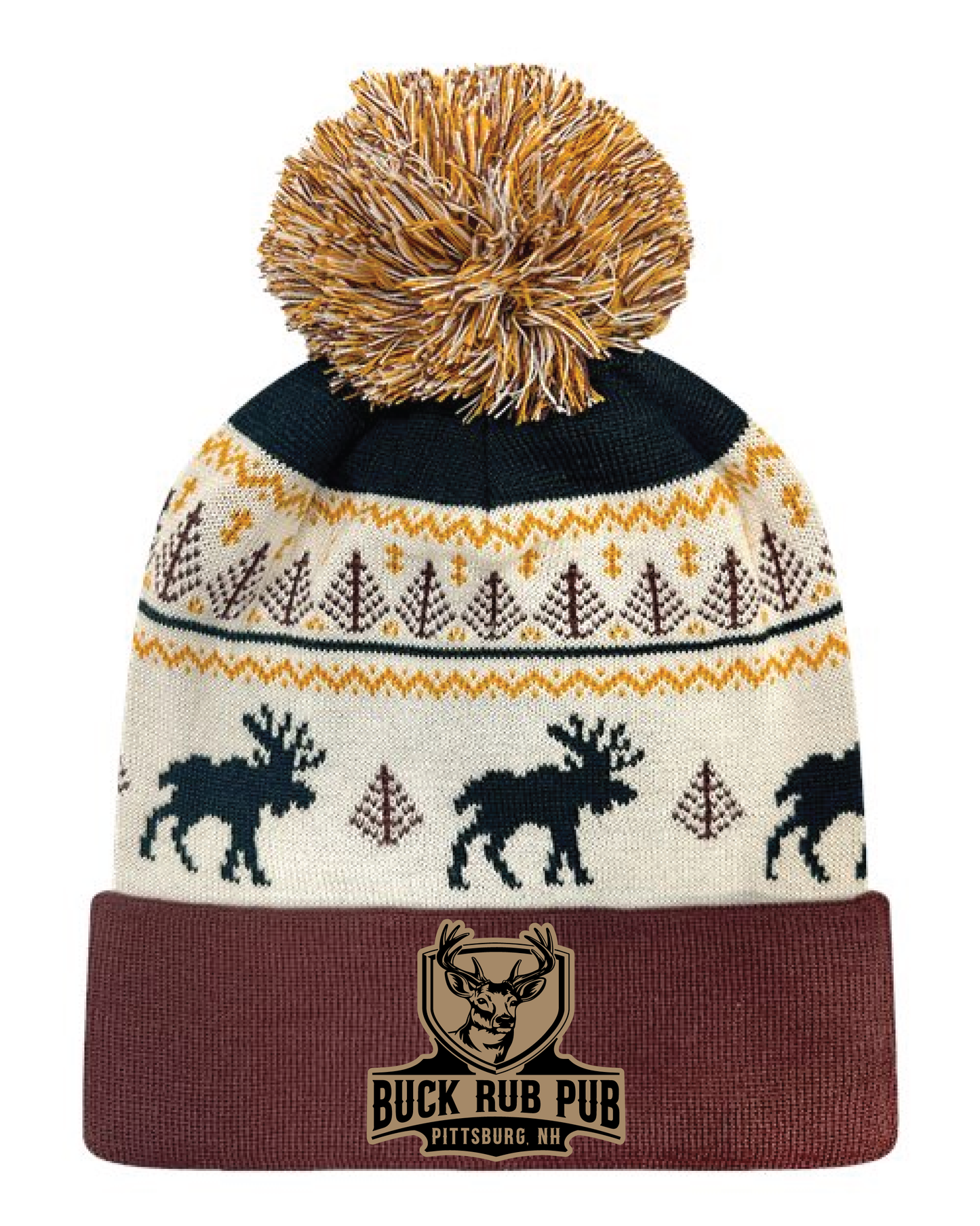 Winter Pom Pom Hat with Moose and Buck Rub Patch