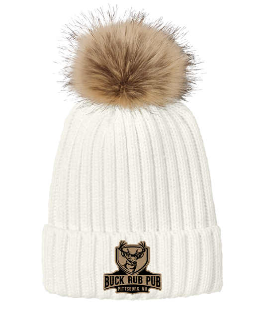 White Winter Hat with Faux Fur Pom Pom and Buck Rub Patch